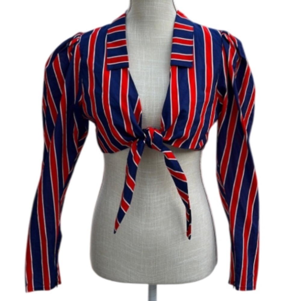WEWOREWHAT Bisou Tie Crop Top, Blue and Red Stripe, Size M
